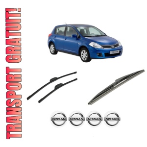 Set 3 stergatoare NISSAN TIIDA Hatchback (C11) din 2004-2013, pentru parbriz si luneta fata si spate auto, Bosch Twin-Aerotwin Retrofit, din cauciuc siliconat rezistent, 4 Stickere Auto NISSAN