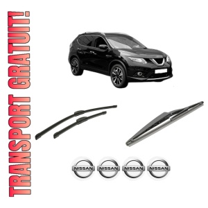 Set 3 stergatoare NISSAN X-TRAIL III (T32_, T32R, T32RR) din 2014-2021, pentru parbriz si luneta fata si spate auto, Bosch Twin-Aerotwin Retrofit, din cauciuc siliconat rezistent, 4 Stickere Auto NISSAN