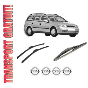 Set 3 stergatoare OPEL ASTRA G Estate (T98) din 1998-2004, pentru parbriz si luneta fata si spate auto, Bosch Twin-Aerotwin Retrofit, din cauciuc siliconat rezistent, 4 Stickere Auto OPEL