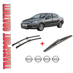Set 3 stergatoare OPEL ASTRA H Saloon (A04) din 2007 - 2014, pentru parbriz si luneta fata si spate auto, Bosch Twin, din cauciuc siliconat rezistent, 4 Stickere Auto OPEL