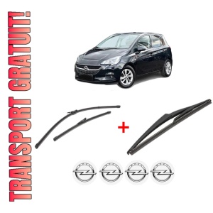 Set 3 stergatoare OPEL CORSA E Hatchback Van (X15) din 2014, pentru parbriz si luneta fata si spate auto, Valeo Silencio, din cauciuc siliconat rezistent, 4 Stickere Auto OPEL