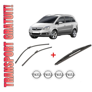 Set 3 stergatoare OPEL ZAFIRA / ZAFIRA FAMILY B (A05) din 2005 - 2015, pentru parbriz si luneta fata si spate auto, Valeo Silencio, din cauciuc siliconat rezistent, 4 Stickere Auto OPEL