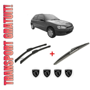 Set 3 stergatoare PEUGEOT 106 Van II Hatchback Van (1S_) din 1996 - 2001, pentru parbriz si luneta fata si spate auto, Bosch Twin, din cauciuc siliconat rezistent, 4 Stickere Auto PEUGEOT