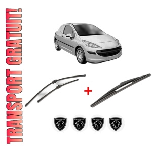 Set 3 stergatoare PEUGEOT 207 Hatchback Van (WA_, WC_) din 2007 - 2012, pentru parbriz si luneta fata si spate auto, Valeo Silencio, din cauciuc siliconat rezistent, 4 Stickere Auto PEUGEOT