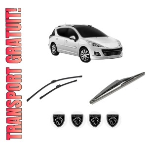 Set 3 stergatoare PEUGEOT 207 SW Estate Van (WK_) din 2007-2012, pentru parbriz si luneta fata si spate auto, Bosch Twin-Aerotwin, din cauciuc siliconat rezistent, 4 Stickere Auto PEUGEOT