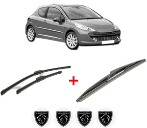 Set 3 stergatoare PEUGEOT 207 (WA_, WC_) din 2006 - 2015, pentru parbriz si luneta fata si spate auto, Bosch Twin, din cauciuc siliconat rezistent, 4 Stickere Auto PEUGEOT v8105