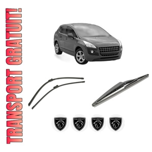 Set 3 stergatoare PEUGEOT 3008 Van (0U_) din 2009-2016, pentru parbriz si luneta fata si spate auto, Bosch Twin-Aerotwin, din cauciuc siliconat rezistent, 4 Stickere Auto PEUGEOT