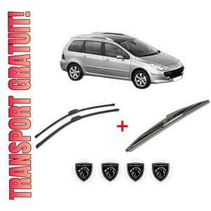 Set 3 stergatoare PEUGEOT 307 SW (3H) din 2002 - 2009, pentru parbriz si luneta fata si spate auto, Bosch Twin, din cauciuc siliconat rezistent, 4 Stickere Auto PEUGEOT