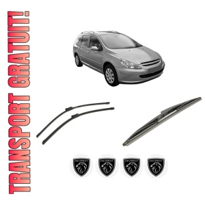 Set 3 stergatoare PEUGEOT 307 SW Estate Van (3E_, 3H_) din 2003-2009, pentru parbriz si luneta fata si spate auto, Bosch Twin-Aerotwin, din cauciuc siliconat rezistent, 4 Stickere Auto PEUGEOT