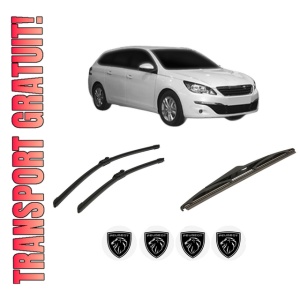 Set 3 stergatoare PEUGEOT 308 SW II Estate Van (LC_) din 2014-2021, pentru parbriz si luneta fata si spate auto, Bosch Twin-Aerotwin, din cauciuc siliconat rezistent, 4 Stickere Auto PEUGEOT