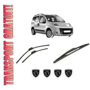 Set 3 stergatoare PEUGEOT BIPPER TEPEE din 2008-2010, pentru parbriz si luneta fata si spate auto, Bosch Twin-Aerotwin, din cauciuc siliconat rezistent, 4 Stickere Auto PEUGEOT