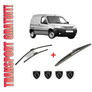 Set 3 stergatoare PEUGEOT PARTNER Box Body/MPV din 1996 - 2015, pentru parbriz si luneta fata si spate auto, Bosch Twin, din cauciuc siliconat rezistent, 4 Stickere Auto PEUGEOT