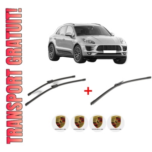 Set 3 stergatoare PORSCHE MACAN (95B) din 2014 - 2018, pentru parbriz si luneta fata si spate auto, Bosch Aerotwin, din cauciuc siliconat rezistent, 4 Stickere Auto PORSCHE