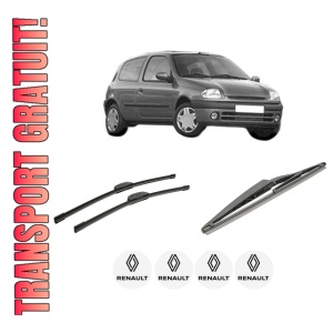 Set 3 stergatoare RENAULT CLIO II (BB_, CB_) din 1998-2016, pentru parbriz si luneta fata si spate auto, Bosch Twin-Aerotwin Retrofit, din cauciuc siliconat rezistent, 4 Stickere Auto RENAULT