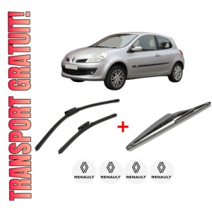 Set 3 stergatoare RENAULT CLIO III Hatchback Van (SB_, SR_) din 2005 - 2014, pentru parbriz si luneta fata si spate auto, Bosch Twin, din cauciuc siliconat rezistent, 4 Stickere Auto RENAULT