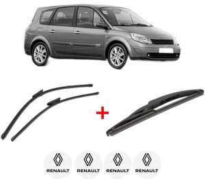 Set 3 stergatoare RENAULT GRAND SCENIC II (JM0/1_) din 2004 - 2009, pentru parbriz si luneta fata si spate auto, Valeo Silencio, din cauciuc siliconat rezistent, 4 Stickere Auto RENAULT v14884