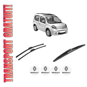 Set 3 stergatoare RENAULT KANGOO BE BOP (KW0/1_) din 2009-2012, pentru parbriz si luneta fata si spate auto, Bosch Twin-Aerotwin Retrofit, din cauciuc siliconat rezistent, 4 Stickere Auto RENAULT