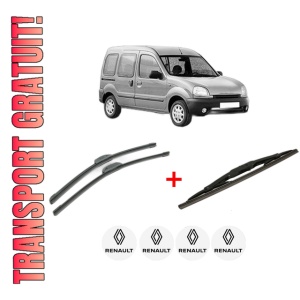 Set 3 stergatoare RENAULT KANGOO (KC0/1_) din 1997 - 2010, pentru parbriz si luneta fata si spate auto, Bosch Twin, din cauciuc siliconat rezistent, 4 Stickere Auto RENAULT
