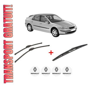 Set 3 stergatoare RENAULT LAGUNA II (BG0/1_) din 2001 - 2007, pentru parbriz si luneta fata si spate auto, Valeo Silencio, din cauciuc siliconat rezistent, 4 Stickere Auto RENAULT