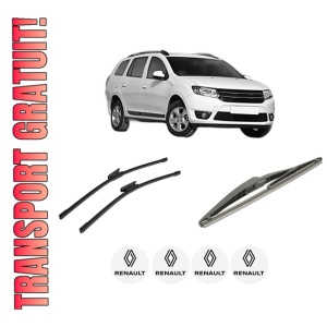 Set 3 stergatoare RENAULT LOGAN II Estate (K8_) din 2017-2020, pentru parbriz si luneta fata si spate auto, Bosch Twin-Aerotwin, din cauciuc siliconat rezistent, 4 Stickere Auto RENAULT