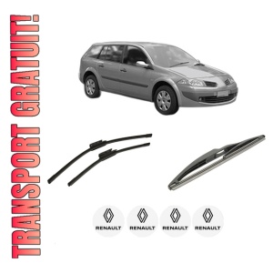 Set 3 stergatoare RENAULT MEGANE II Estate Van (KM_) din 2003-2009, pentru parbriz si luneta fata si spate auto, Bosch Twin-Aerotwin, din cauciuc siliconat rezistent, 4 Stickere Auto RENAULT