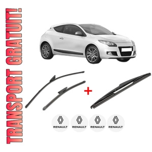 Set 3 stergatoare RENAULT MEGANE III Coupe (DZ0/1_) din 2008 - 2016, pentru parbriz si luneta fata si spate auto, Valeo Silencio, din cauciuc siliconat rezistent, 4 Stickere Auto RENAULT