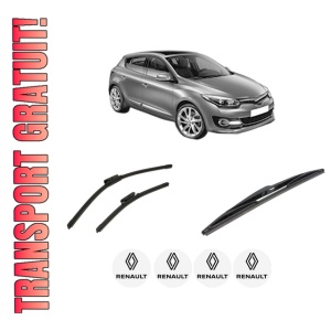 Set 3 stergatoare RENAULT MEGANE III Hatchback (BZ0/1_, B3_) din 2008-2017, pentru parbriz si luneta fata si spate auto, Bosch Twin-Aerotwin, din cauciuc siliconat rezistent, 4 Stickere Auto RENAULT