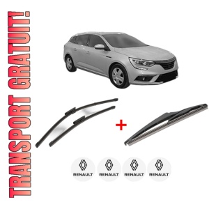 Set 3 stergatoare RENAULT MEGANE IV Grandtour (K9A/M/N_) din 2016, pentru parbriz si luneta fata si spate auto, Valeo Silencio, din cauciuc siliconat rezistent, 4 Stickere Auto RENAULT