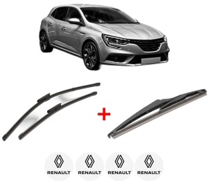 Set 3 stergatoare RENAULT MEGANE IV Hatchback (B9A/M/N_) din 2015, pentru parbriz si luneta fata si spate auto, Valeo Silencio, din cauciuc siliconat rezistent, 4 Stickere Auto RENAULT v12419