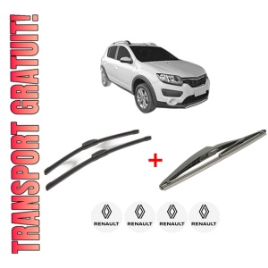Set 3 stergatoare RENAULT SANDERO/STEPWAY II (B8_) din 2013, pentru parbriz si luneta fata si spate auto, Bosch Twin, din cauciuc siliconat rezistent, 4 Stickere Auto RENAULT