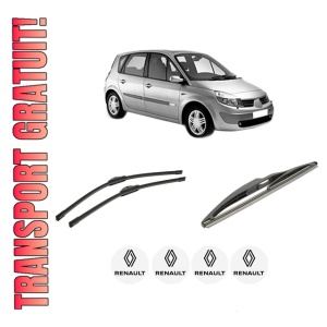 Set 3 stergatoare RENAULT SCENIC II (JM0/1_) din 2003-2009, pentru parbriz si luneta fata si spate auto, Bosch Twin-Aerotwin, din cauciuc siliconat rezistent, 4 Stickere Auto RENAULT