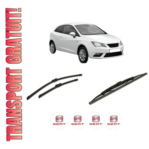 Set 3 stergatoare SEAT IBIZA IV SC (6J1, 6P5) din 2008-2016, pentru parbriz si luneta fata si spate auto, Bosch Twin-Aerotwin, din cauciuc siliconat rezistent, 4 Stickere Auto SEAT