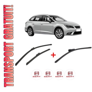 Set 3 stergatoare SEAT LEON ST (5F8) din 2012 - 2020, pentru parbriz si luneta fata si spate auto, Bosch Aerotwin, din cauciuc siliconat rezistent, 4 Stickere Auto SEAT