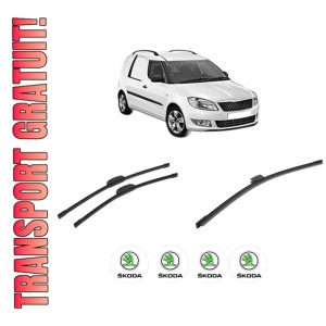 Set 3 stergatoare SKODA FABIA I Praktik (6Y5) din 2000-2007, pentru parbriz si luneta fata si spate auto, Bosch Aerotwin-Aerotwin Retrofit, din cauciuc siliconat rezistent, 4 Stickere Auto SKODA