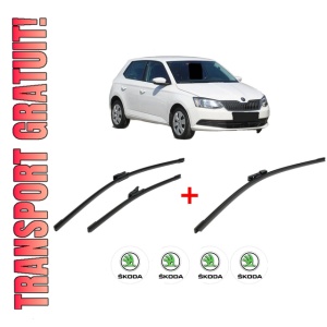 Set 3 stergatoare SKODA FABIA III Praktik (NJ5) din 2014 - 2022, pentru parbriz si luneta fata si spate auto, Bosch Aerotwin, din cauciuc siliconat rezistent, 4 Stickere Auto SKODA