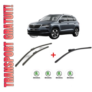 Set 3 stergatoare SKODA KAROQ (NU7, ND7) din 2017, pentru parbriz si luneta fata si spate auto, Bosch Aerotwin, din cauciuc siliconat rezistent, 4 Stickere Auto SKODA