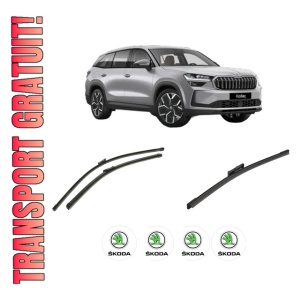 Set 3 stergatoare SKODA KODIAQ II (PS7) din 2024-2025, pentru parbriz si luneta fata si spate auto, Bosch Twin-Aerotwin, din cauciuc siliconat rezistent, 4 Stickere Auto SKODA