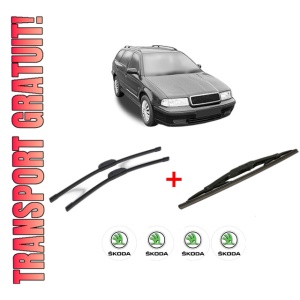 Set 3 stergatoare SKODA Octavia I Estate Van (1U5) din 2000 - 2010, pentru parbriz si luneta fata si spate auto, Bosch Twin, din cauciuc siliconat rezistent, 4 Stickere Auto SKODA