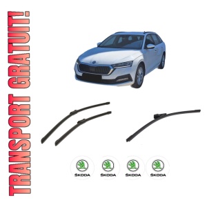 Set 3 stergatoare SKODA Octavia IV Combi (NX5, PV5) din 2019-2025, pentru parbriz si luneta fata si spate auto, Bosch Aerotwin-Aerotwin, din cauciuc siliconat rezistent, 4 Stickere Auto SKODA