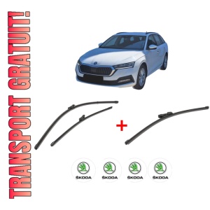 Set 3 stergatoare SKODA Octavia IV Combi (NX5, PV5) din 2019, pentru parbriz si luneta fata si spate auto, Valeo Silencio Xtrm, din cauciuc siliconat rezistent, 4 Stickere Auto SKODA
