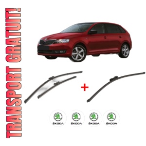 Set 3 stergatoare SKODA RAPID Spaceback (NH1) din 2012 - 2019, pentru parbriz si luneta fata si spate auto, Valeo Silencio Xtrm, din cauciuc siliconat rezistent, 4 Stickere Auto SKODA
