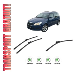 Set 3 stergatoare SKODA ROOMSTER (5J7) din 2006-2015, pentru parbriz si luneta fata si spate auto, Bosch Aerotwin-Aerotwin, din cauciuc siliconat rezistent, 4 Stickere Auto SKODA