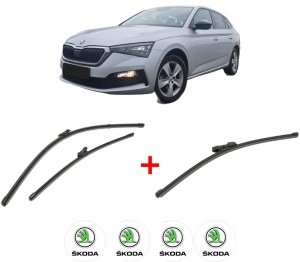 Set 3 stergatoare SKODA SCALA (NW1) din 2019, pentru parbriz si luneta fata si spate auto, Valeo Silencio Xtrm, din cauciuc siliconat rezistent, 4 Stickere Auto SKODA v13504