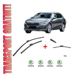 Set 3 stergatoare SKODA SUPERB IV Estate (NZ5) din 2023, pentru parbriz si luneta fata si spate auto, Valeo Silencio, din cauciuc siliconat rezistent, 4 Stickere Auto SKODA
