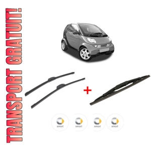 Set 3 stergatoare SMART CITY-COUPE (450) din 1998 - 2004, pentru parbriz si luneta fata si spate auto, Bosch Twin, din cauciuc siliconat rezistent, 4 Stickere Auto SMART