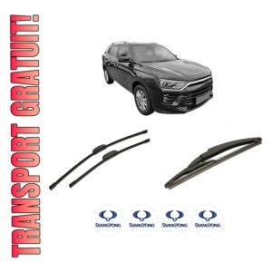 Set 3 stergatoare SSANGYONG KORANDO (C300) din 2021-2023, pentru parbriz si luneta fata si spate auto, Bosch Twin-Aerotwin Retrofit, din cauciuc siliconat rezistent, 4 Stickere Auto SSANGYONG
