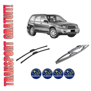 Set 3 stergatoare SUBARU FORESTER (SG_) din 2002-2008, pentru parbriz si luneta fata si spate auto, Bosch Twin-Aerotwin Retrofit, din cauciuc siliconat rezistent, 4 Stickere Auto SUBARU