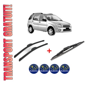 Set 3 stergatoare SUBARU JUSTY III (G3X) din 2003, pentru parbriz si luneta fata si spate auto, Bosch Twin, din cauciuc siliconat rezistent, 4 Stickere Auto SUBARU