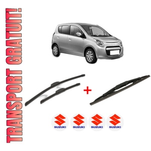 Set 3 stergatoare SUZUKI ALTO VII (GF, HA25_, HA35_) din 2009, pentru parbriz si luneta fata si spate auto, Bosch Twin, din cauciuc siliconat rezistent, 4 Stickere Auto SUZUKI