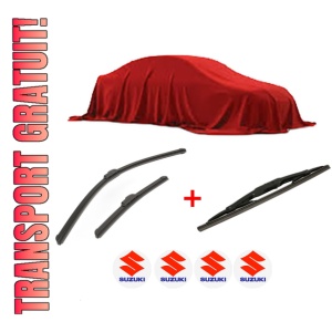 Set 3 stergatoare SUZUKI SX4 Saloon (GY, RW) din 2007, pentru parbriz si luneta fata si spate auto, Bosch Twin, din cauciuc siliconat rezistent, 4 Stickere Auto SUZUKI